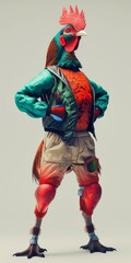 A fashionable rooster, a bright giant bird, an athlete. Anthropomorphic concept, 3d, background image for mobile phone, ios, Android, banner for instagram stories, vertical wallpaper