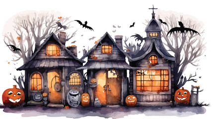 Fototapeta na wymiar Watercolor spooky Halloween shop Flat vector 