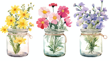 Watercolor Spring Wildflowers Jar Flat vector 