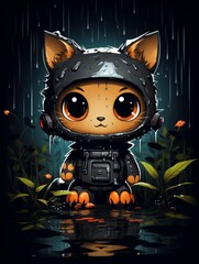A cartoon cat is standing in a puddle of water. The cat is wearing a rain suit and has a backpack on. Scene is playful and lighthearted. Printable design for t-shirts
