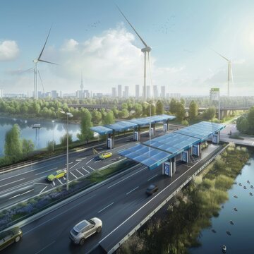 The Hydrogen Highway": Visualize a network of hydrogen charging stations spanning cities and countrysides, symbolizing the growth and accessibility of hydrogen fuel technology. Job ID: 00aefa7a-92ed