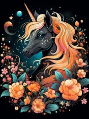 A black and orange unicorn with a flowery background. The unicorn is surrounded by flowers and leaves, giving it a whimsical and magical appearance. Printable design for t-shirts