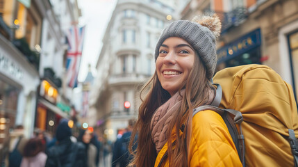 Female tourist backpacker with London shopping street in UK as background. Concept of travel,...