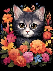 A cat is surrounded by a colorful bouquet of flowers. The cat is looking at the camera with a curious expression. Printable design for t-shirts