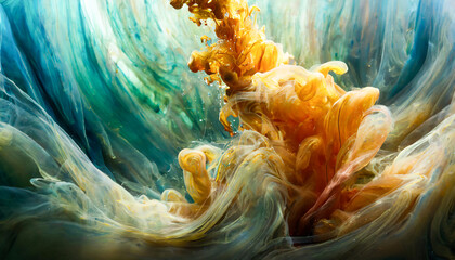 Ink drops blend in water, creating a vibrant abstract art piece with swirling patterns of cool and warm tones.