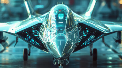 advanced fighter jet in hangar - obrazy, fototapety, plakaty