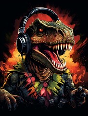 Dinosaur DJ, T-rex on the decks, stegosaurus with headphones, Jurassic jams, prehistoric party. Printable design for t-shirts