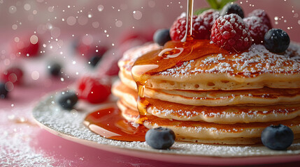 A tempting stack of fluffy pancakes topped with fresh raspberries, blueberries, a generous drizzle of maple syrup, and a dusting of powdered sugar. - Powered by Adobe