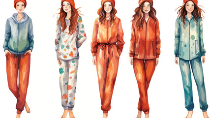 Watercolor Woman Pajamas Cozy Winter Flat vector isolated on white