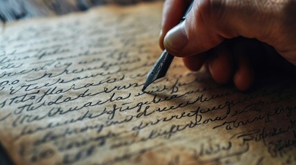 A man writes on a piece of paper with a fountain pen. The paper is old and yellowed. Black pen with metal tip. A man's hand holds a pen and his fingers are visible. - obrazy, fototapety, plakaty