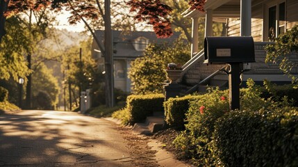 A mailbox sits on the side of a residential street, lined with green bushes. The sun shines through trees, casting a warm glow on the scene. - Powered by Adobe