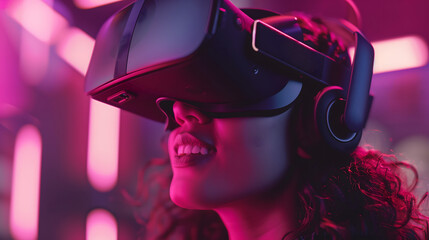 A woman wearing a gaming vr, is illuminated by radiant pink and purple lights, enhancing the futuristic and immersive atmosphere
