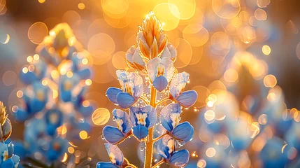 Foto auf Acrylglas Blue lupine flowers in the field at sunset. Natural background. Bokeh effect. Floral background. © korkut82