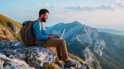 Happy digital nomad man working remotely on laptop at scenic mountain summit. Male freelancer living nomadic avdenturous lifestyle. Remote work in nature. Flexible and positive workplace. Copy space