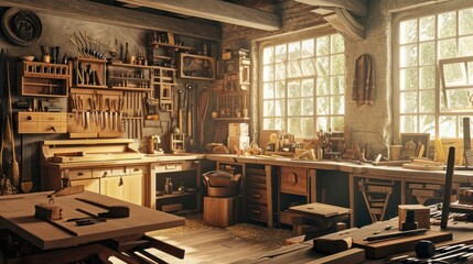 A workshop with wooden tables, shelves, and workbenches filled with various tools. - obrazy, fototapety, plakaty