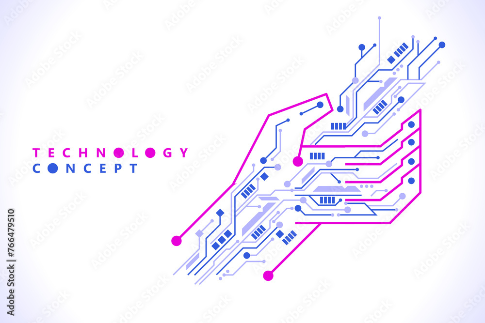 Poster touch the future. hi-tech cyberpunk interface technology. digital hand touching tech connection dot 