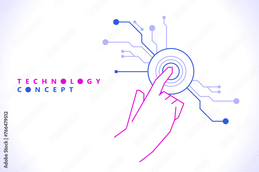Poster touch the future. hi-tech cyberpunk interface technology. digital hand touching tech connection dot 