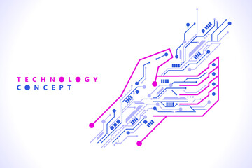 Touch the future. Hi-tech cyberpunk interface technology. Digital hand touching tech connection dot line. The future of user experience. Vector illustration