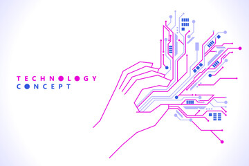 Touch the future. Hi-tech cyberpunk interface technology. Digital hand touching tech connection dot line. The future of user experience. Vector illustration