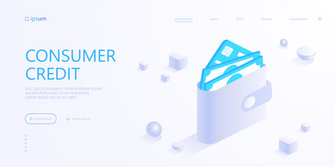 Wallet with banknotes and credit card icon. Payment , banking, consumer credit, earning or making money, economy, investment. Isometric vector illustration for visualization of business presentation