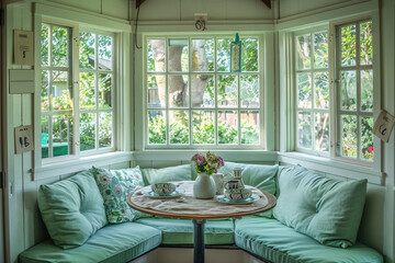 A cozy breakfast nook in a suburban home with mint green cushions, surrounded by windows overlooking the garden with blank labels for copy space - obrazy, fototapety, plakaty