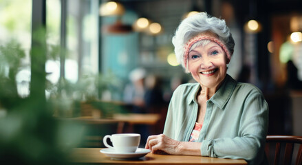 Smiling elderly woman enjoying a quiet moment at a cozy coffee shop table with a cup of coffee