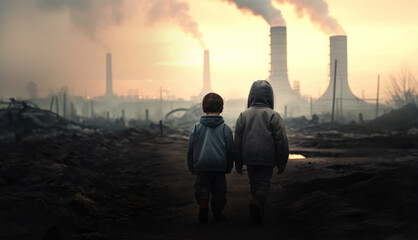 Two children walking toward power station emitting hot smoke - obrazy, fototapety, plakaty