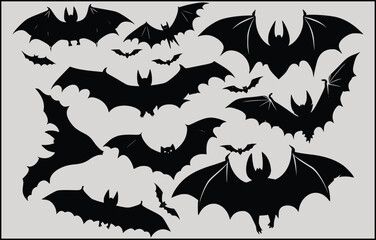 halloween bat set,Bats horror set. Sticker with black mouse for Halloween decorations. Simple icon with animal from different sides flies, hangs, sleep. Cartoon flat vector collection isolated on whit