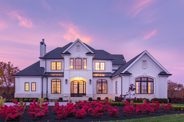 A grand, newly constructed suburban house with a pristine white exterior stands against a soft, pastel violet sky at dusk. The front yard is adorned with a variety of ruby-red flowering plants, 