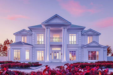 A grand, newly constructed suburban house with a pristine white exterior stands against a soft,...