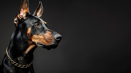 Portrait of a purebred doberman dog on a black background. 