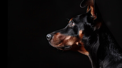 Portrait of a purebred doberman dog on a black background. 