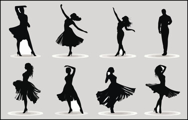 Group of people dancing silhouette vector, Collection of black silhouettes of dancing girls, Dancing people silhouettes. Vector work.