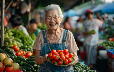 Cheerful elderly female vendor offering fresh tomatoes at outdoor market. Natural daylight photography. Organic farming and sustainable living concept. Suitable for advertising, editorial. Open air ma - obrazy, fototapety, plakaty