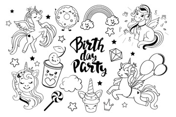 Collection of unicorns and the inscription happy birthday on a white background. Vector cartoon illustration coloring book for children one line - 766480519