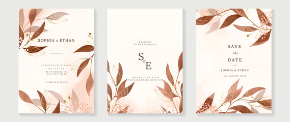 Luxury fall wedding invitation card template vector. Watercolor card with flower, foliage, gold line art on brown background. Elegant autumn botanical design suitable for banner, cover, invitation.