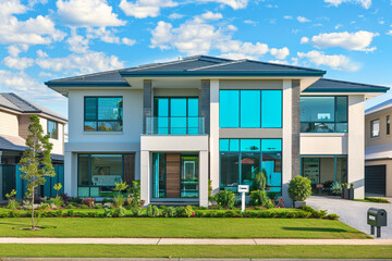 A large suburban house with a contemporary design featuring expansive turquoise windows and a spacious front yard, surrounded by freshly landscaped gardens with blank labels for copy space