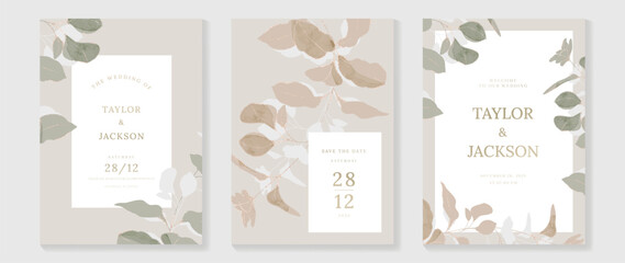 Obraz premium Luxury fall wedding invitation card template vector. Watercolor card with flower, foliage, gold foil line art on white and brown background. Elegant autumn botanical design suitable for banner, cover.