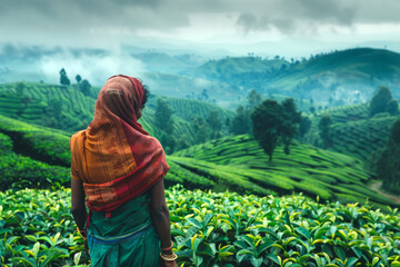 Fototapeta premium indian woman tea picker in the background of tea fields