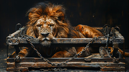 Portrait of a lion lying in a wooden sleigh on a dark background. - obrazy, fototapety, plakaty
