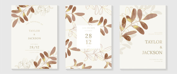 Luxury fall wedding invitation card template vector. Watercolor card with foliage, leaves branch gold foil line art on brown background. Elegant autumn botanical design suitable for banner, cover.