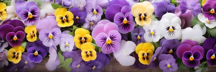 Foto auf Acrylglas purple pansies, floral banner. natural background, backdrop, texture of garden summer flowers. © MaskaRad