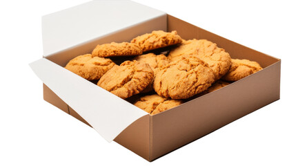 A box brimming with cookies sits on a pristine white table