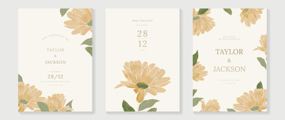 Luxury fall wedding invitation card template vector. Watercolor card with foliage, leaves branch gold foil line art on white background. Elegant autumn botanical design suitable for banner, cover.
