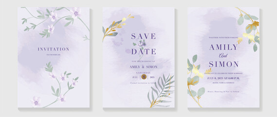 Luxury wedding invitation card template vector. Watercolor card with flower, leaves branch gold texture on purple background. Elegant spring botanical design suitable for banner, cover, invitation.