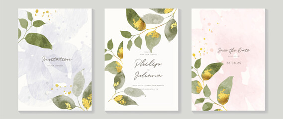 Plakaty  Luxury wedding invitation card template vector. Watercolor card with foliage, leaves branch gold texture on white background. Elegant spring botanical design suitable for banner, cover, invitation.