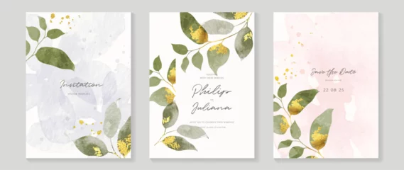 Fototapeten Luxury wedding invitation card template vector. Watercolor card with foliage, leaves branch gold texture on white background. Elegant spring botanical design suitable for banner, cover, invitation. © TWINS DESIGN STUDIO