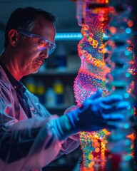 In a bustling laboratory, a team of scientists meticulously constructs a shimmering organic sculpture The subject, a fluorescent jellyfish-hummingbird hybrid,