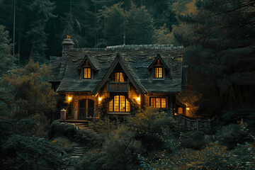 A charming abode lit by warm exterior lighting, set within a forest, under the enigmatic glow of a dark green night