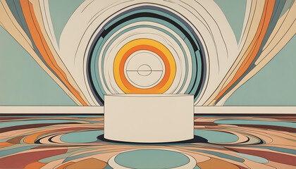 Obraz premium A vibrant, abstract art piece featuring a white podium against a backdrop of concentric circles and swirling patterns